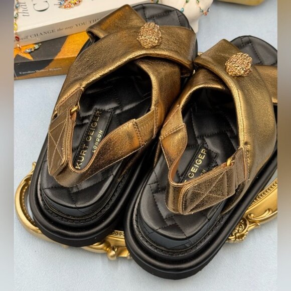 🆕 KURT GEIGER LONDON 🧿 NWOB Orson Cross Strap Sandal, Gold Bronze - Sz 38 7.5 - Picture 11 of 16